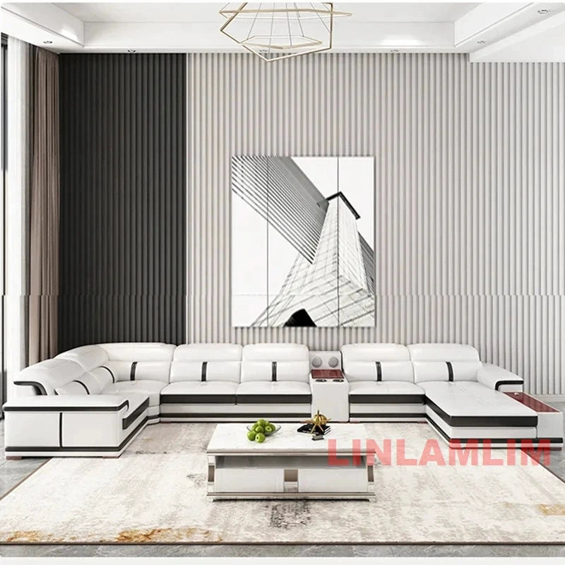 Modern U-Shaped Sectional Sofa with Chaise, White Genuine Leather Couch with Cup Holders, USB – Large Living Room Furniture Set