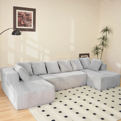 U-Shaped Sectional Sofa,130-inch 4-Seater Chaise Lounge with Striped Corduroy Fabric  Customizable Living Room or Bedroom Couch