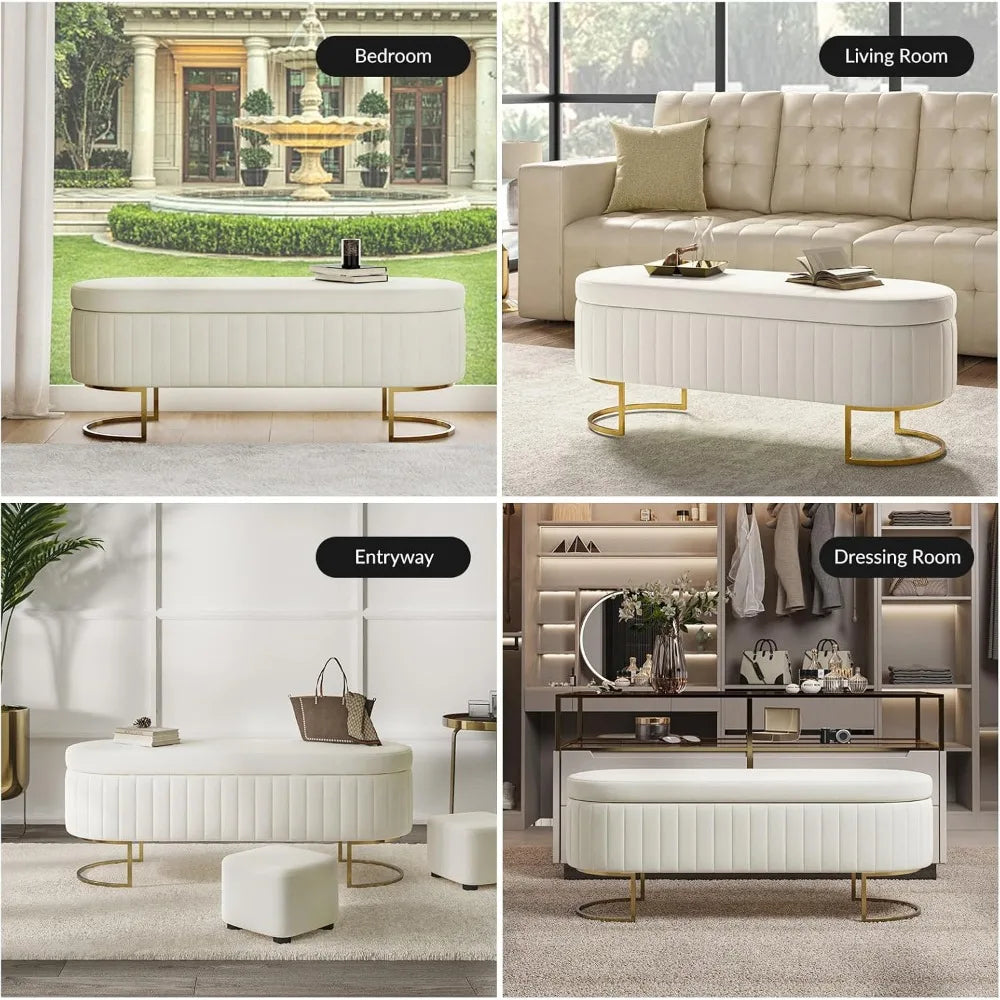50" Storage Ottoman Bench with 2 Additional Ottomans, End of Bed Bench Bedroom Bench, Upholstered Velvet Long Window Bench with