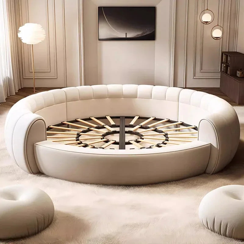 Bedroom Furniture Fabric Cream Style Double Wedding Bed Modern 200 X 200 Home Hotel Design Round Bed King Size Wooden Wood