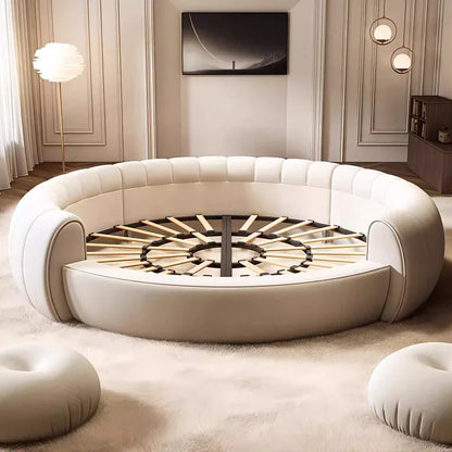 Bedroom Furniture Fabric Cream Style Double Wedding Bed Modern 200 X 200 Home Hotel Design Round Bed King Size Wooden Wood