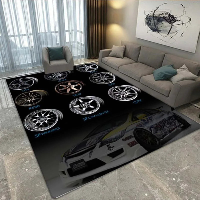 Motorsport Carpet Mat Rug - Racing Wheel Logo Home Decoration for Living Room Garage Non-Slip Floor Mat Bedroom Decor Carpet