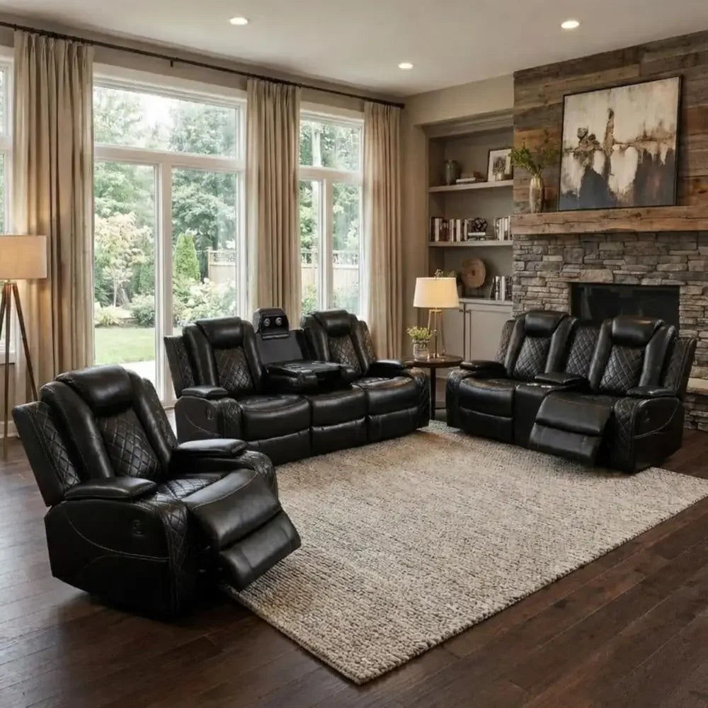 3-Piece Power Reclining Sectional Sofa with LED Lights, Air Leather Recliner with USB Port and Storage, Black Living Room Furnit