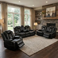 3-Piece Power Reclining Sectional Sofa with LED Lights, Air Leather Recliner with USB Port and Storage, Black Living Room Furnit