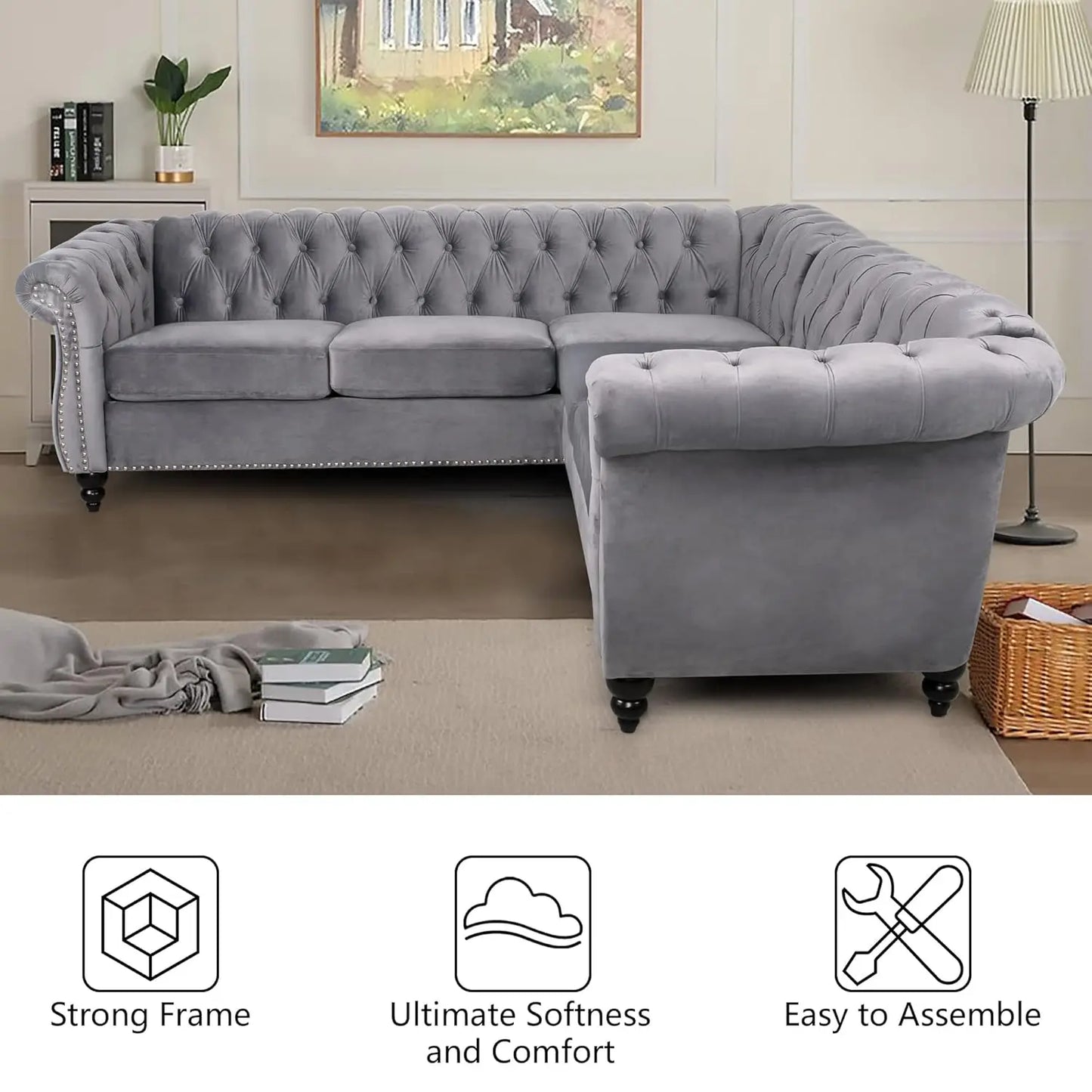 L-Shaped Sofa, Sectional Chesterfield Couch 5-Seater Velvet Upholstered Small Accent Tufted Sofa with Rolled, Customized
