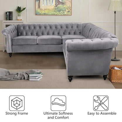 L-Shaped Sofa, Sectional Chesterfield Couch 5-Seater Velvet Upholstered Small Accent Tufted Sofa with Rolled, Customized