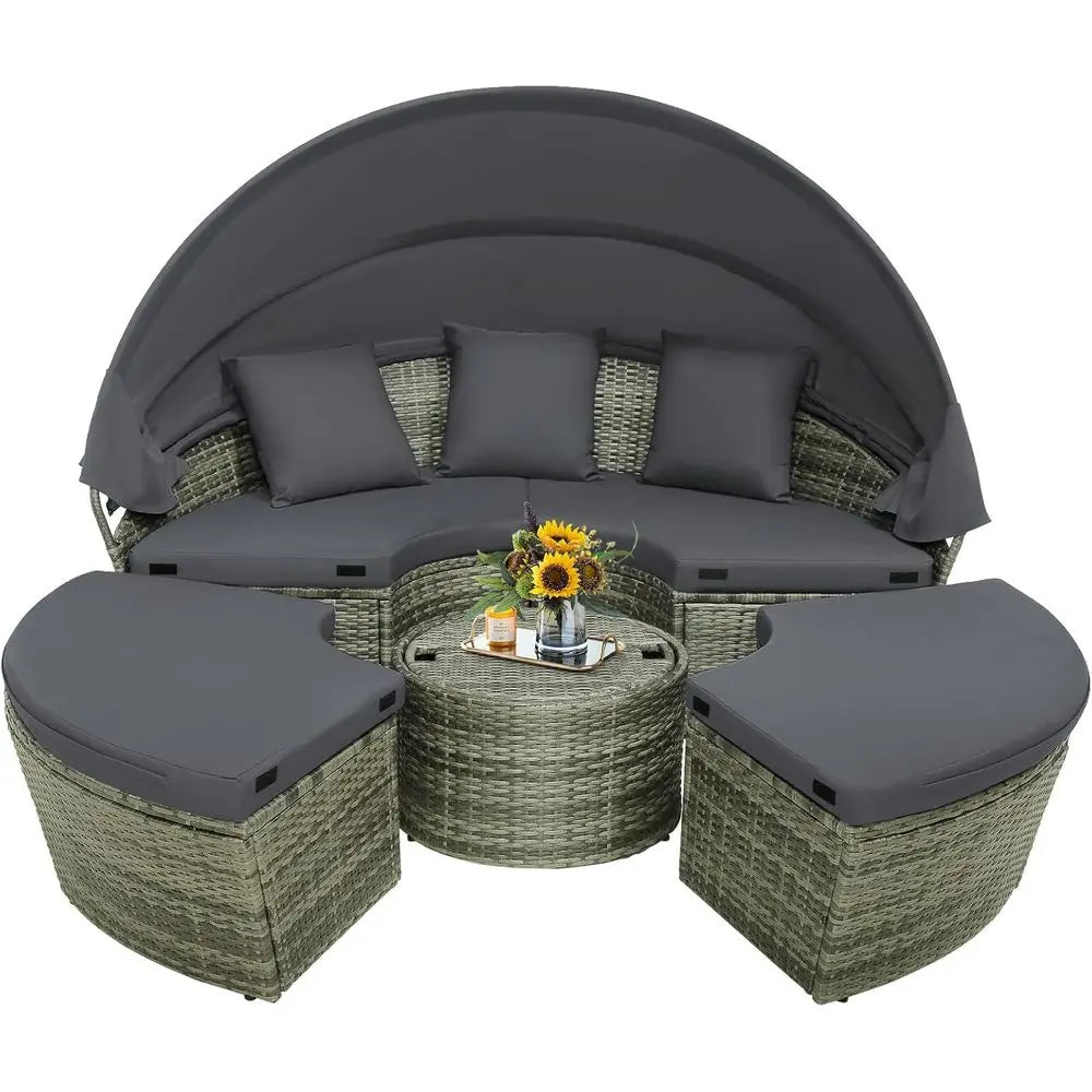 Patio Round Daybed with Retractable , Outdoor Wicker Rattan urniture Set, Sectional Cushioned Soa Set with Height Adjustable Coe