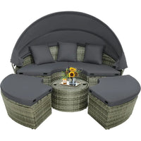 Patio Round Daybed with Retractable , Outdoor Wicker Rattan urniture Set, Sectional Cushioned Soa Set with Height Adjustable Coe