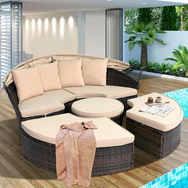 Outdoor Patio Round Daybed with Retractable Canopy, Brown Wicker Furniture Sectional Couch with Washable Cushions, Back