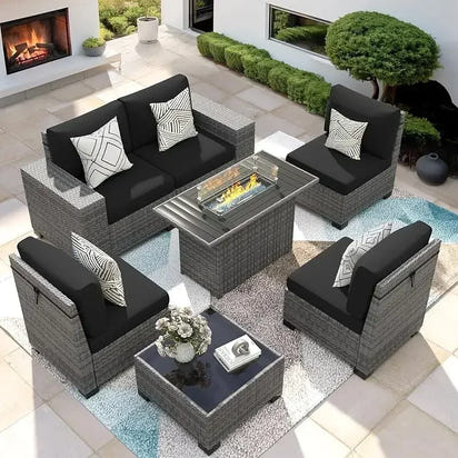 QAZ8-7 Piece Patio Furniture Set Fire Pit Table. Outdoor Conversation Sets Wicker Rattan Sectional Sofa with Coffee TSZ