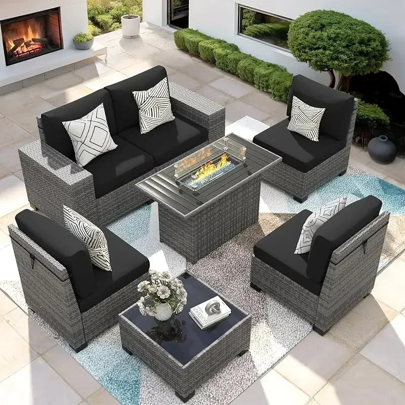 QAZ8-7 Piece Patio Furniture Set Fire Pit Table. Outdoor Conversation Sets Wicker Rattan Sectional Sofa with Coffee TSZ