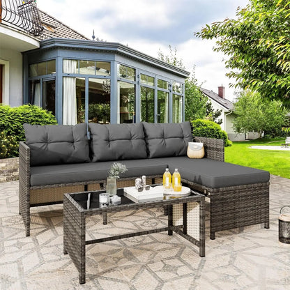 3-Piece Outdoor Patio Furniture Set with Glass Table and Cushions, All-Weather Wicker Rattan Sofa in Blue Grey