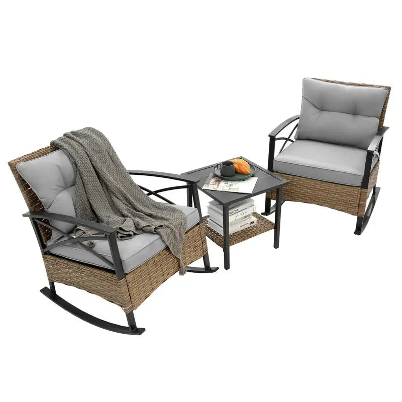 3pcs Grey Rattan Outdoor Leisure Rocking Chair Set