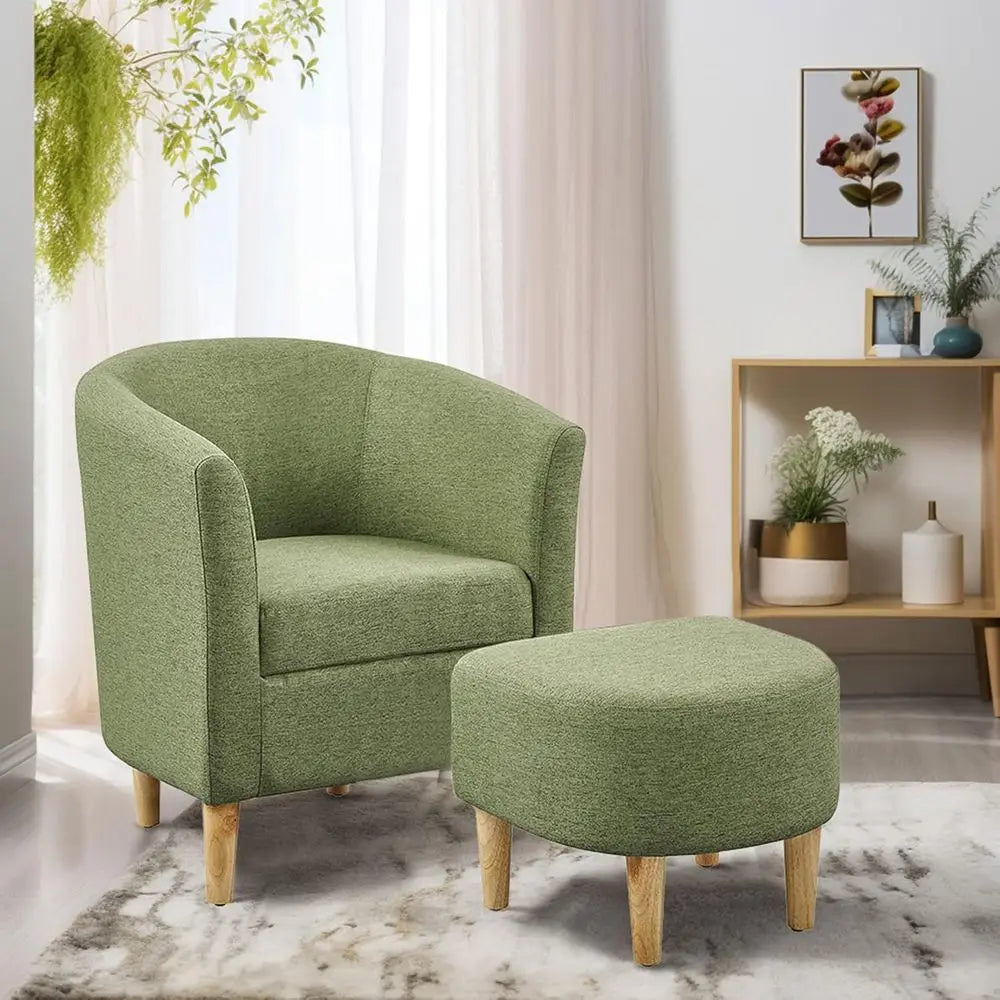 Elegant Upholstered Barrel Chair with Ottoman, Comfortable for Living Room or Bedroom, Green