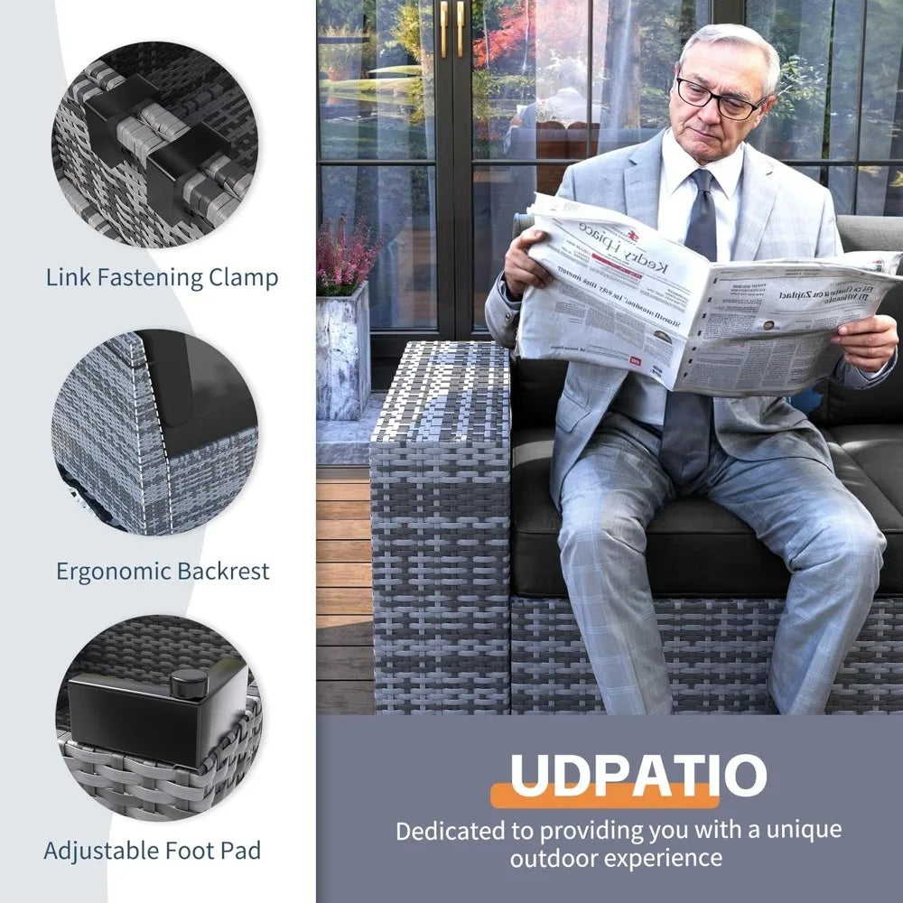 Hot-Sell! 13 Piece Patio Furniture Set with Fire Pit Table, 8''Wide Armrest Modular Rattan Outdoor Sectional Sofa Set,Grey/Black