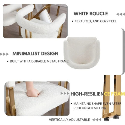 Set of 4 Barrel Dining Chairs, White Boucle Dining Room Chairs, Glam Side Chairs with Arms and Gold Chrome Legs, Sherpa Modern K