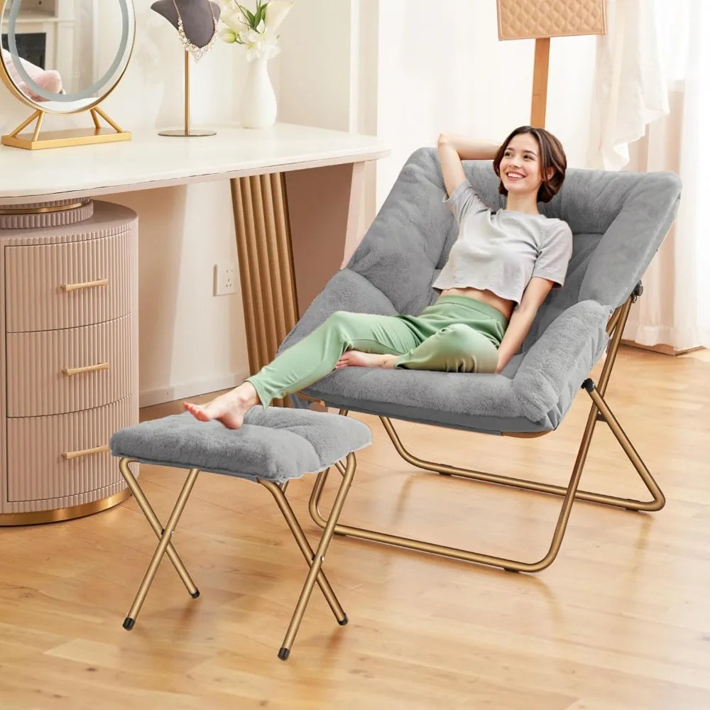 Comfy Saucer Chair, Foldable Living Room Chairs, Soft Faux Fur Lounge Chair For Bedroom, Reading Chairs For Adults