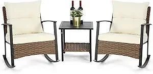 Wicker Rocking Chairs for Outdoors 3 Piece, Patio Rocking Chairs Set of 2, Patio Furniture Set, Small Outdoor Set for Porch, Poo