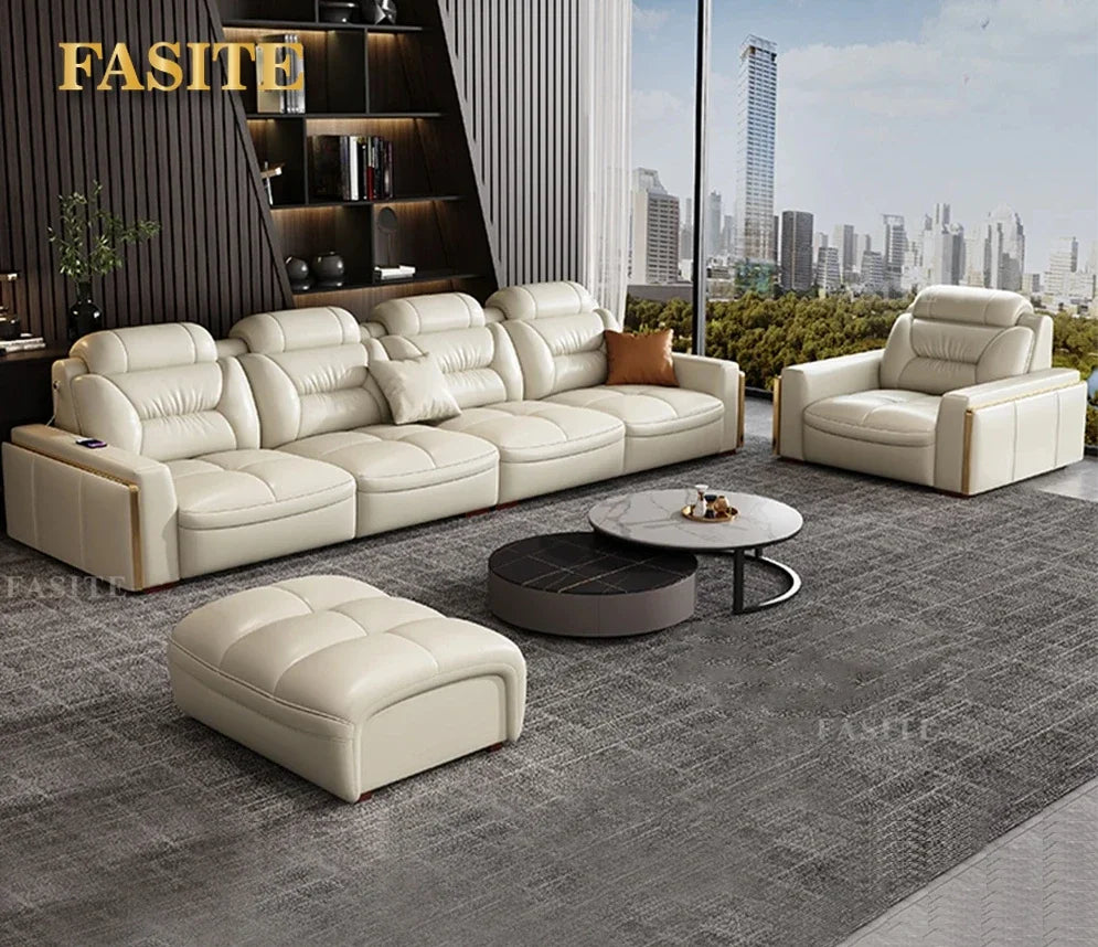 Premium  Italian Genuine Leather Sectional Sofa Sets Couch Sofas with USB and Bluetooth Speaker