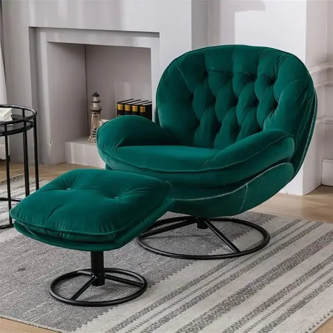 luxurious velvet swivel chair and ottoman set, contemporary lounge chair with metal frame and footrest, cozy single relaxation s