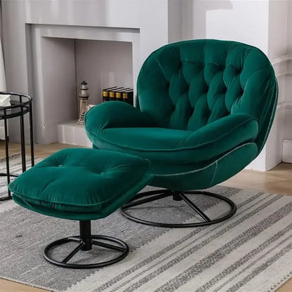luxurious velvet swivel chair and ottoman set, contemporary lounge chair with metal frame and footrest, cozy single relaxation s