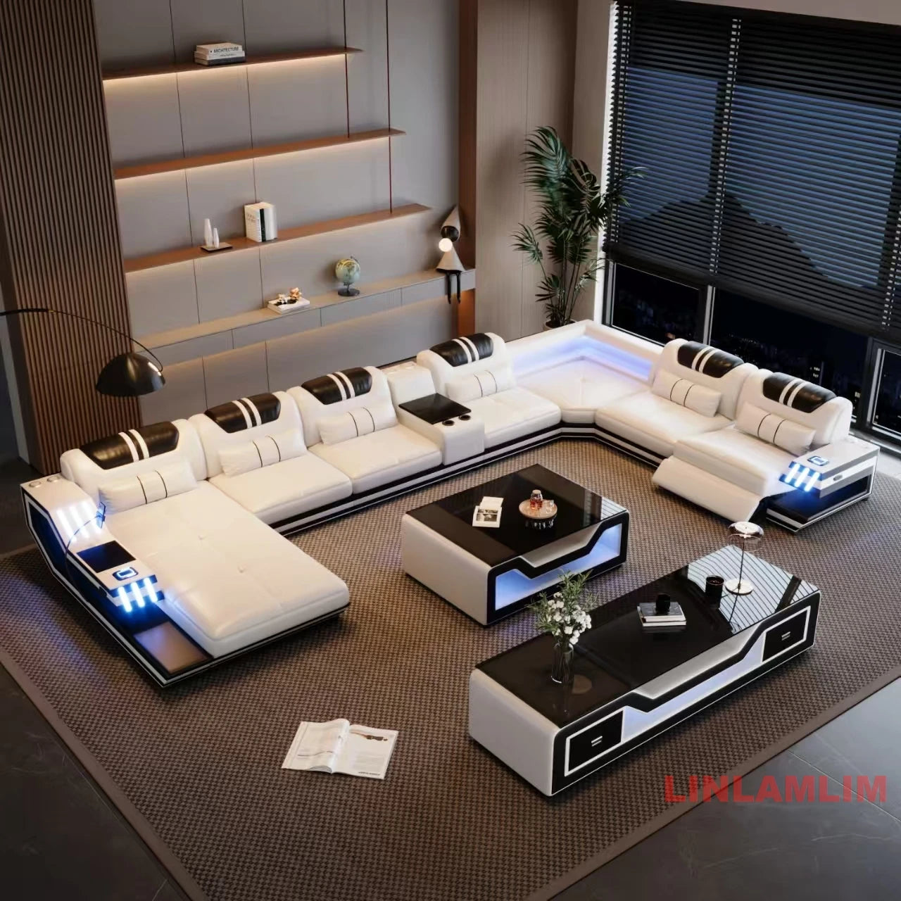 Convertible Genuine Leather Sectional Sofa Bed with Adjustable Headrests, Electric Recliners, Storage, Speakers, USB & LED Light