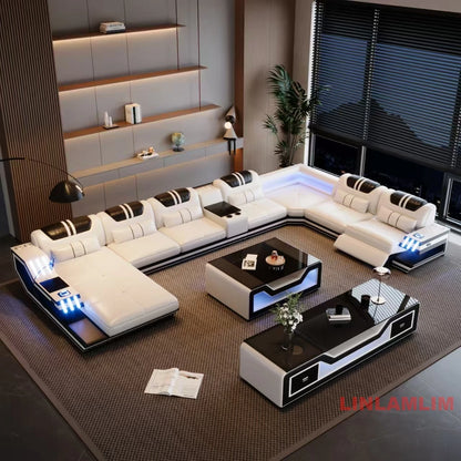 Convertible Genuine Leather Sectional Sofa Bed with Adjustable Headrests, Electric Recliners, Storage, Speakers, USB & LED Light