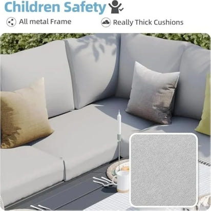 PatioLix Outdoor Patio Furniture Set: 30-Inch Fire Pit Table, Sectional Sofa, Dining Table & Chairs with Ottoman, Light Gray Cushions