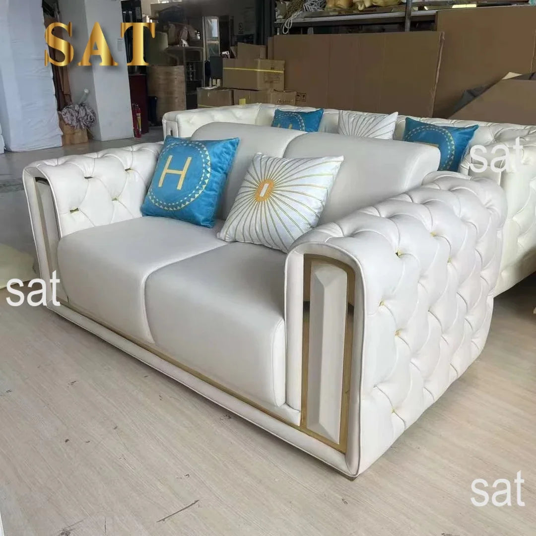-Modern Luxury High-end Living Room Sofa Set Furniture Upholstered Full Leather Button Tufted Sofa Home