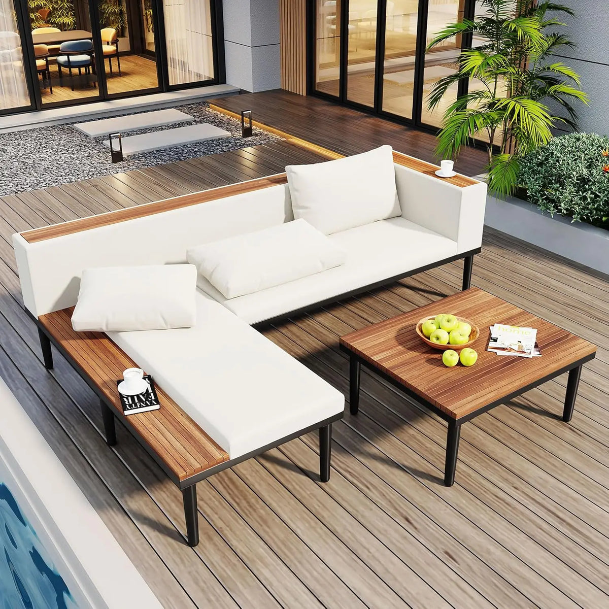 Modern L-Shaped Outdoor Conservation Sofa Set with Coffee Table, Acacia Wood Patio Sectional Sofa for Gardens,, Customized