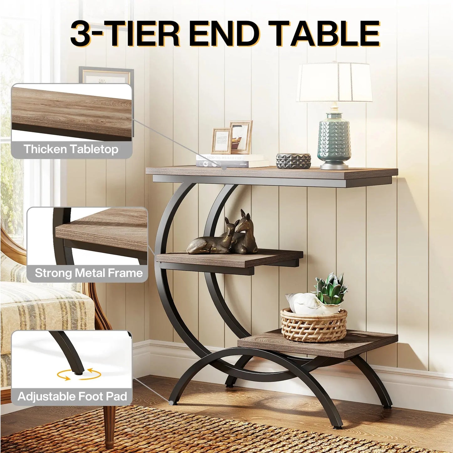 Tribesigns C-Shaped End Table, Industrial 3-Tier Small Table for Couch, Wood Bedside Table Snack Table with Storage Shelves