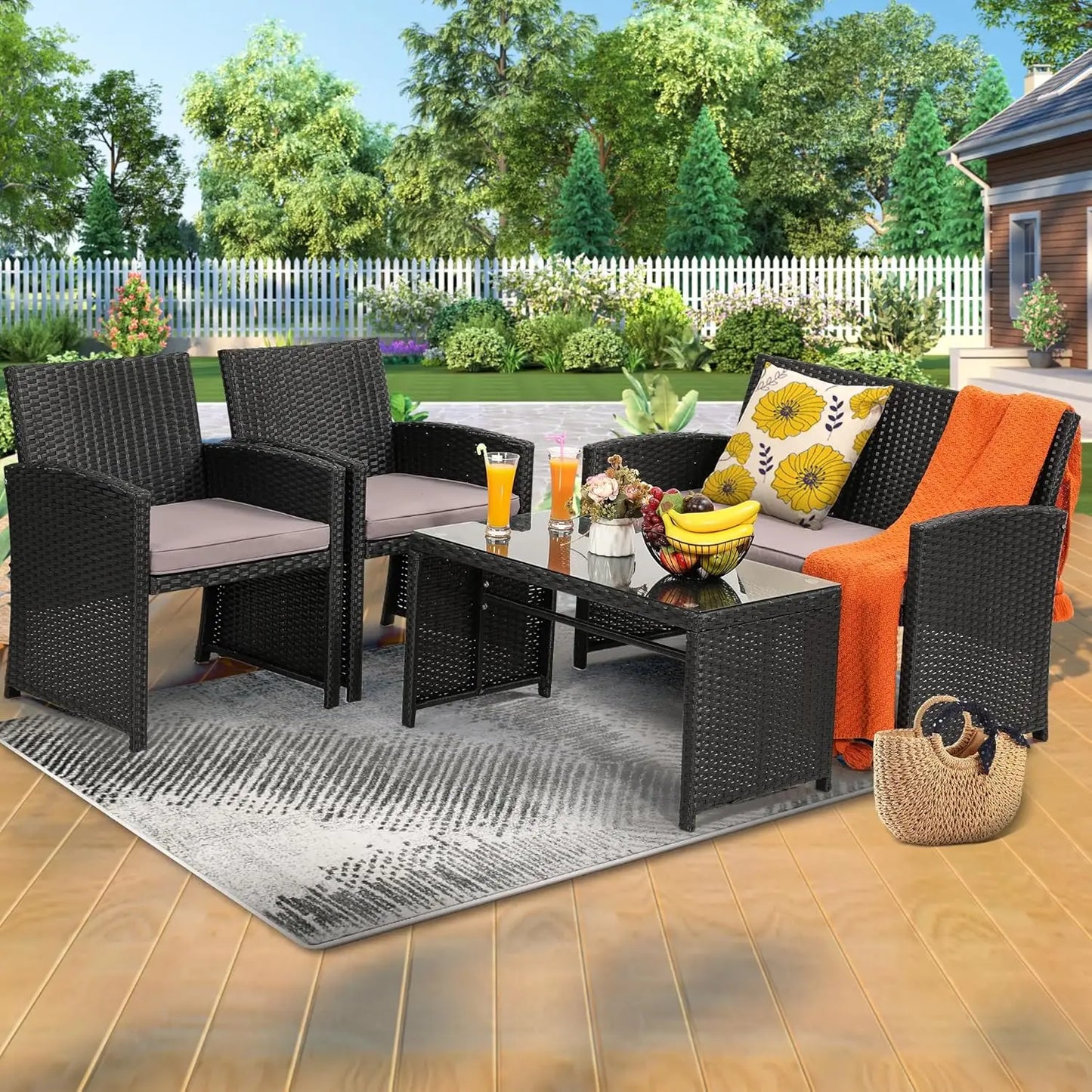4 Pieces Rattan Patio Furniture Set,Outside Sectional Conversation Cushioned Sofa Set, Wicker Sofa Ideal