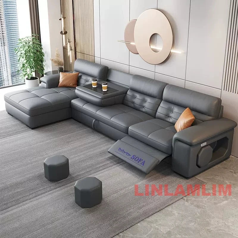 MANBAS Sectional Sofa Bed with Storage, Genuine Leather Reclining Couch, Space-Saving Convertible Sleeper Sofa for Living Room