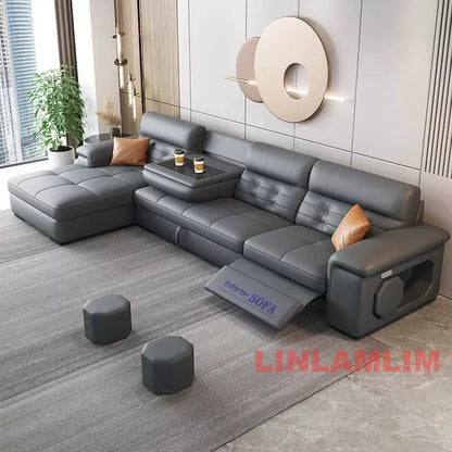 MANBAS Sectional Sofa Bed with Storage, Genuine Leather Reclining Couch, Space-Saving Convertible Sleeper Sofa for Living Room