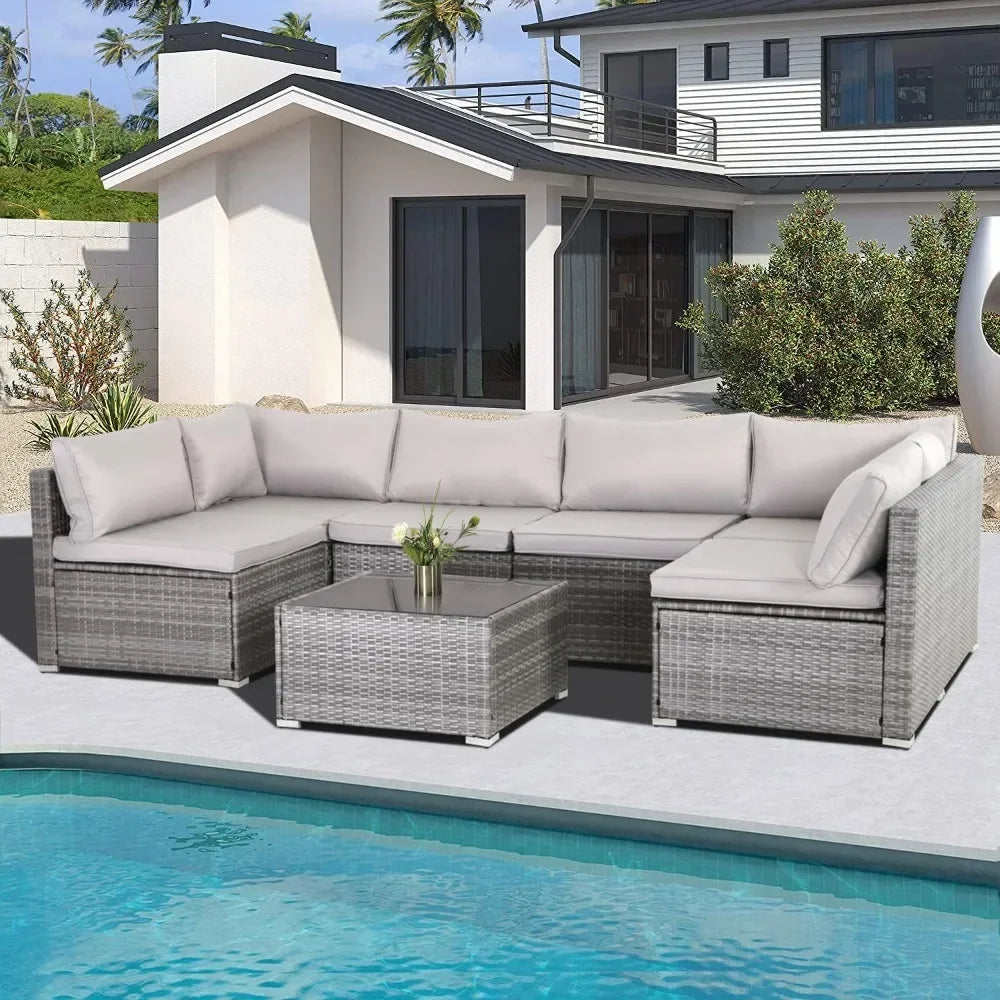 y 7-piece courtyard furniture set, modular wicker outdoor segmented sofa, PE wicker outdoor setL  W   H  28.5*25.6*25.6 inch