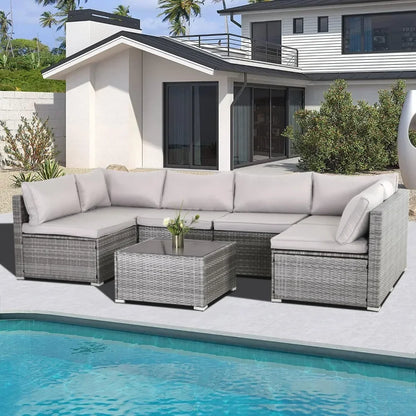y 7-piece courtyard furniture set, modular wicker outdoor segmented sofa, PE wicker outdoor setL  W   H  28.5*25.6*25.6 inch