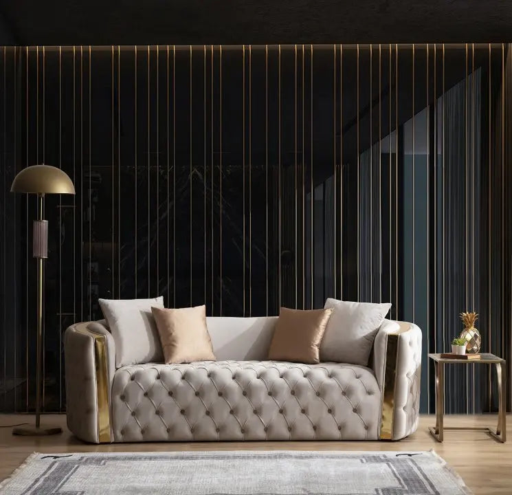 Newest Luxury Stainless Steel Living Room Sofa Set Button Design 2-3 Seater Velvet Couch for Home Hotel