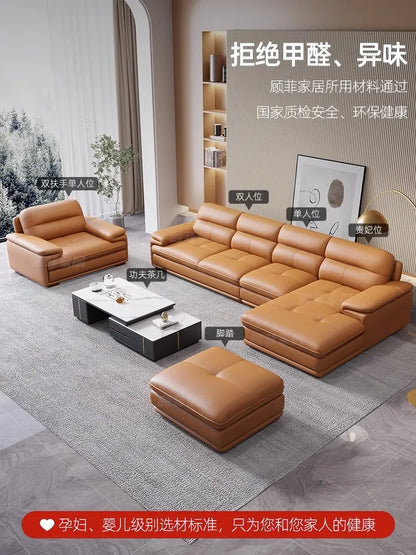 Nordic Italian light luxury leather sofa with a top layer of cowhide, modern and minimalist living room size,  art sofa