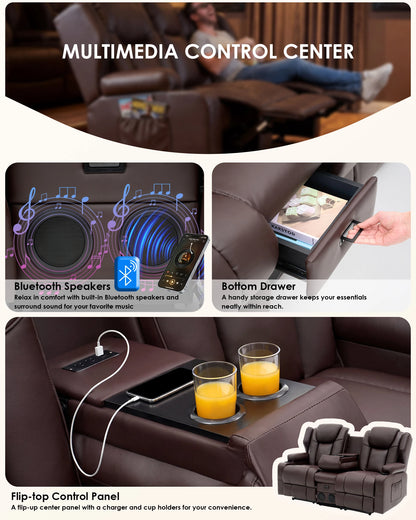 Redlife Loveseat Recliner Sofa with Console,Manual Pull Reclining Couch,Heating & Massage,USB & Power Outlet,Home Theater&RV