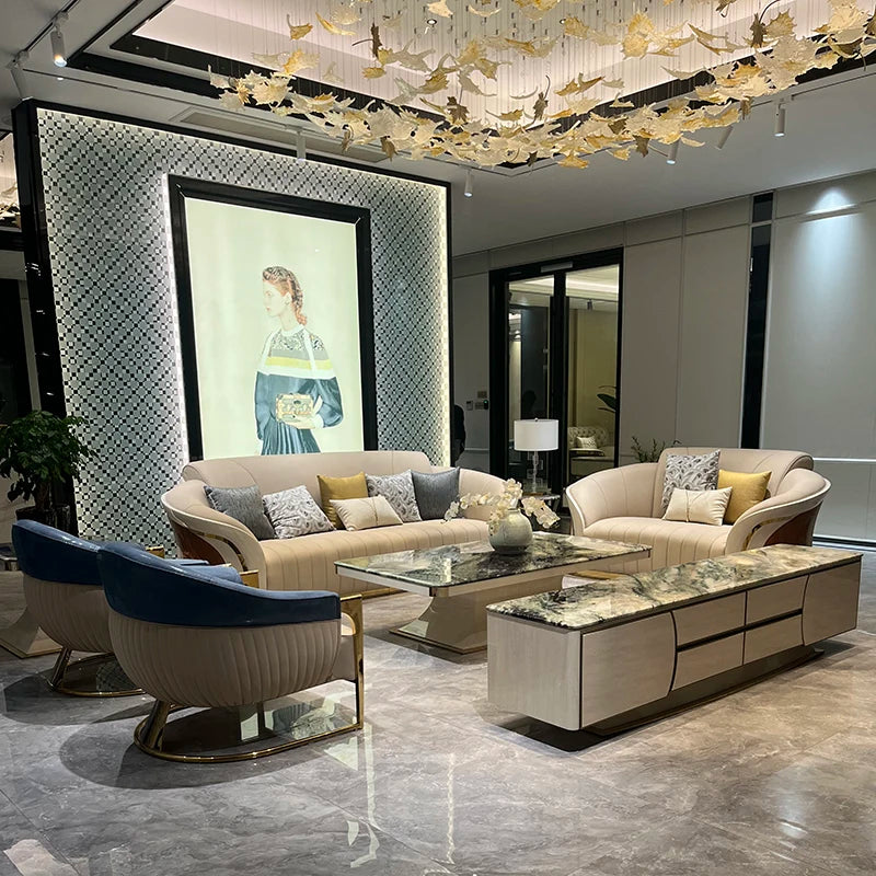Italian light luxury exclusive villa living room leather sofa post-modern design large apartment high-end