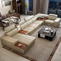Italian Leather Couch With Heating Seat Cold Fridge Genuine Leather Sofa With Headrests USB, Stools And Storage Easy to clean