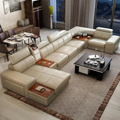 Italian Leather Couch With Heating Seat Cold Fridge Genuine Leather Sofa With Headrests USB, Stools And Storage Easy to clean