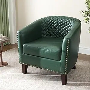 Accent Chair, Upholstered Faux Leather Barrel Chair with Nailed Trim, Comfy Club Armchair for Reading Living Room Bedroom Waitin
