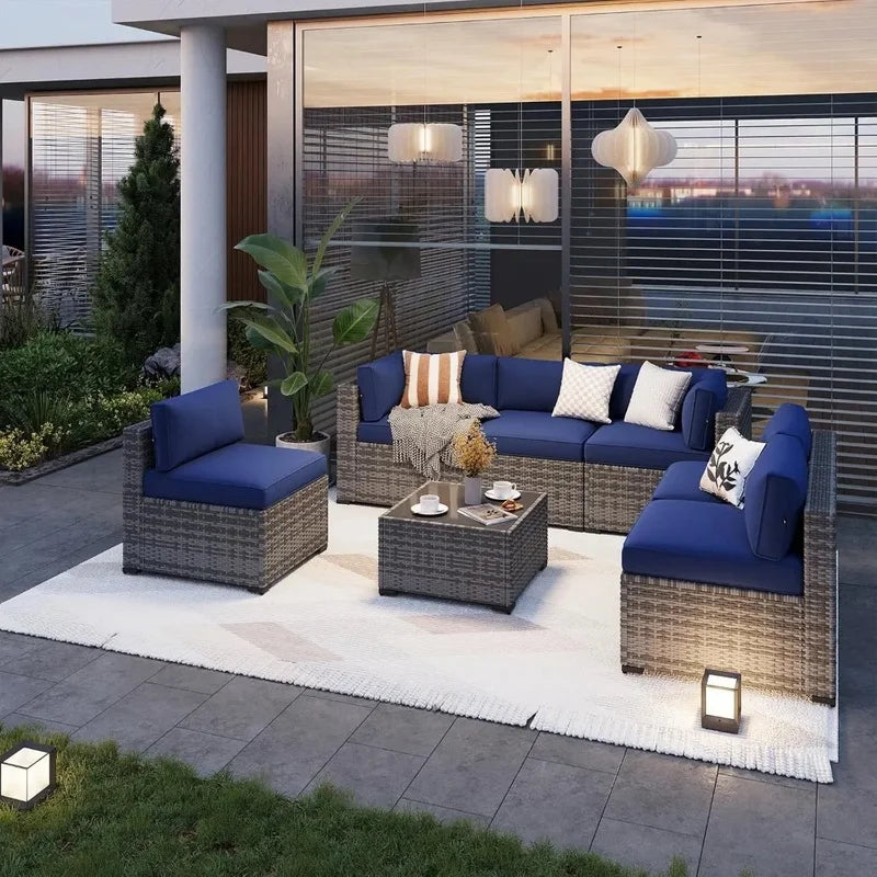 7-Piece Outdoor Patio Furniture Set with Thick Cushions, Wicker Sectional Sofa for Conversation, Ideal for Garden and Deck