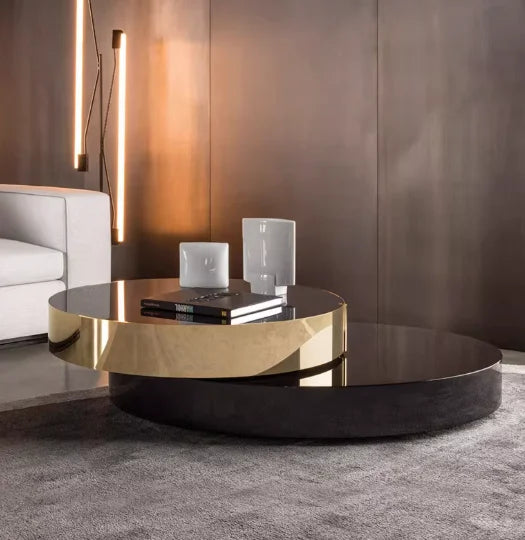 High end stainless steel brass mirror circular coffee table, double-layer modern luxury rotating black gold coffee table