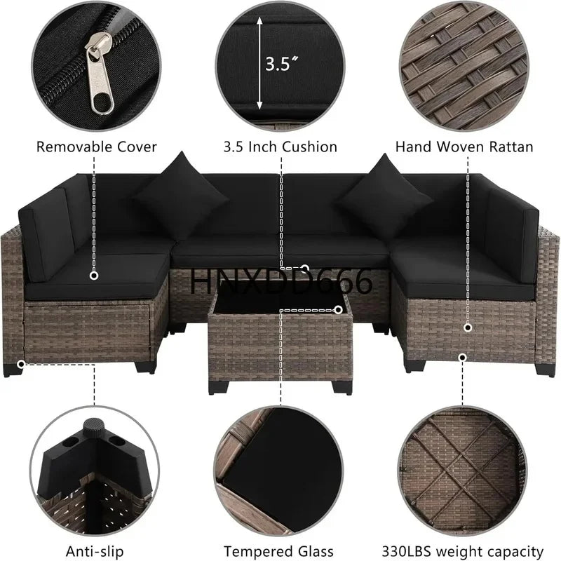 Brown Rattan Sectional Sofa Set with Cushions and Coffee Table for Outdoor Patio