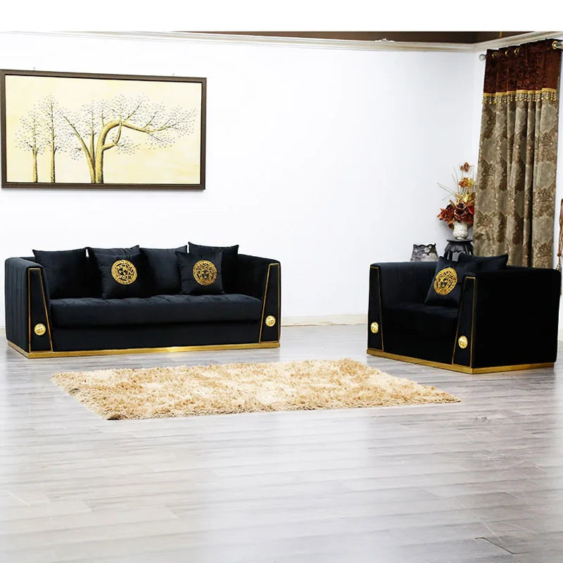 Modern Luxury Black Golden Velvet Sofa and Love Seat Nordic Gold Bellini 3 Sectional Couch for Wedding Home Living Furniture Set