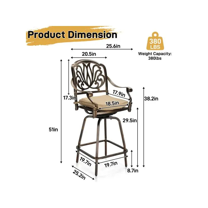 Outdoor Swivel Bar Stools Set of 2, Cast Aluminum Patio Bar Height Chairs, All-Weather Swivel Dining Chairs for Outdoor