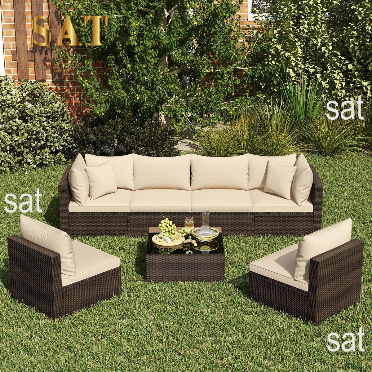 7 PCS Patio Rattan Furniture Set Sectional Sofa Cushioned Garden Brown