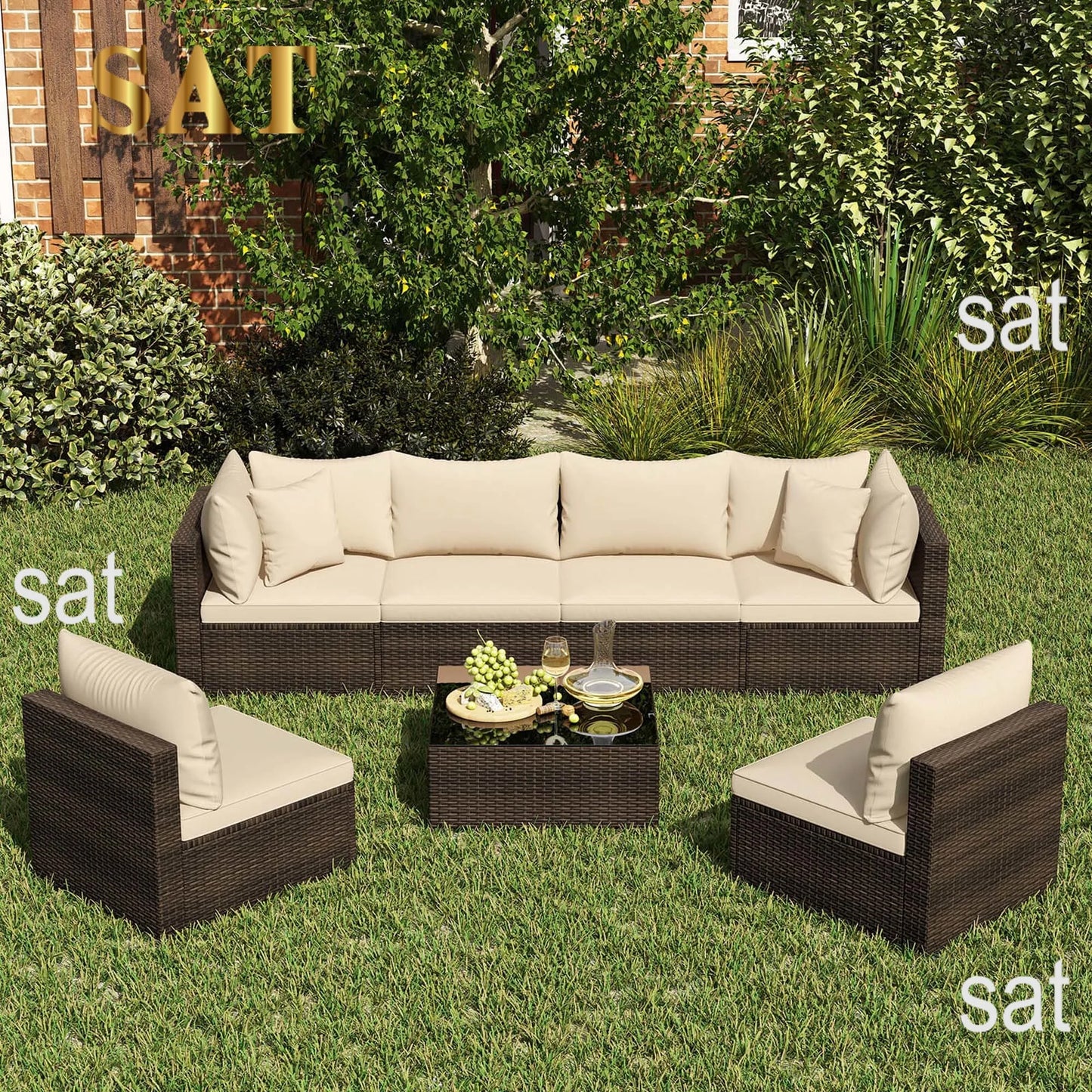 7 PCS Patio Rattan Furniture Set Sectional Sofa Cushioned Garden Brown